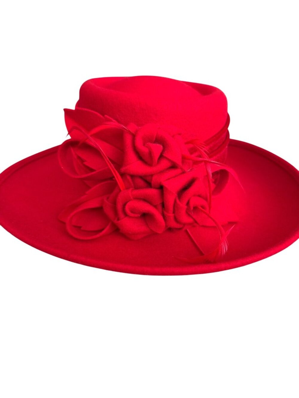 Vintage Elegant Red Wide-Brim Wool Hat Floral Accent & Feathers Winter Holiday